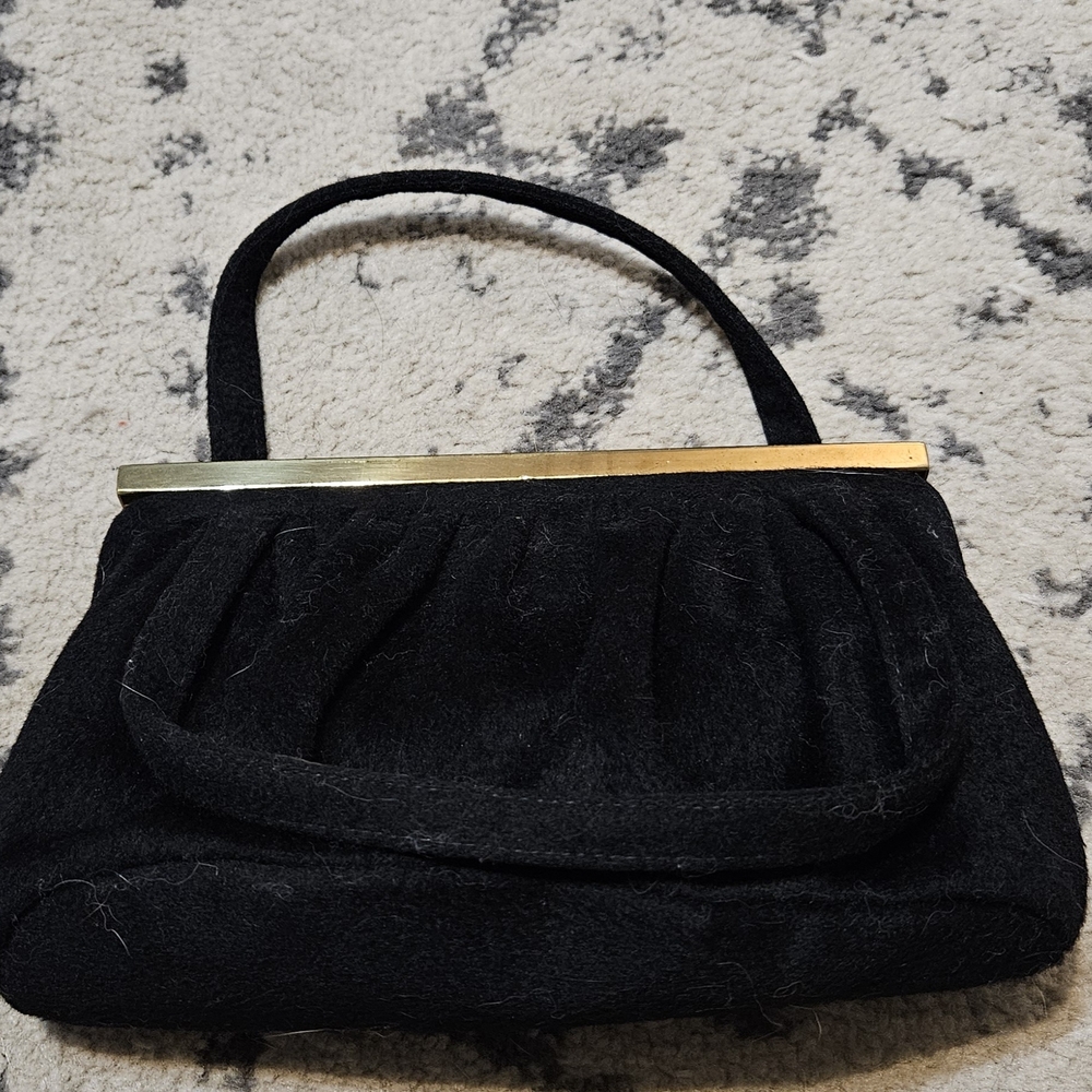 Vintage 1940s Black Wool And Gold Bar Clasped Ingber Handbag W/ Original Mirror
